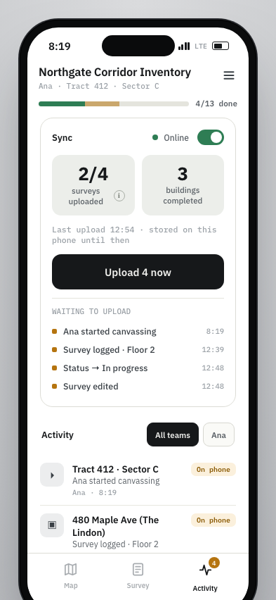 JJ prototype Activity tab with sync dashboard and feed