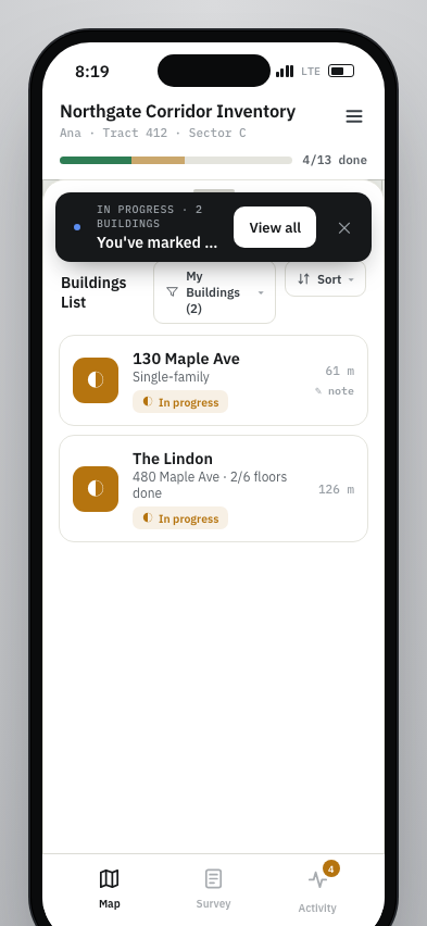 JJ prototype bottom sheet building list with search filters and sort