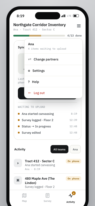 JJ prototype hamburger menu with partner settings help and logout