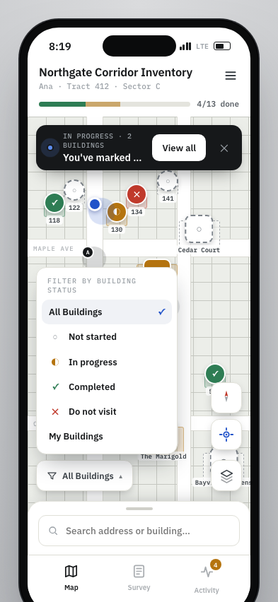 JJ prototype map with bottom building status filter menu