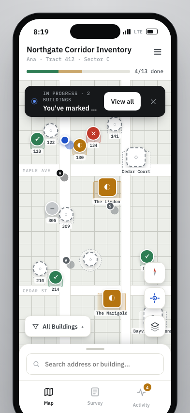 JJ prototype map with compact top header