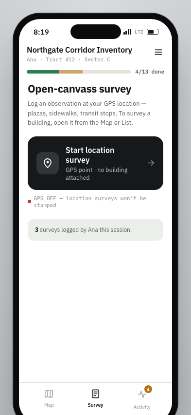 JJ prototype Survey tab with location survey entry point