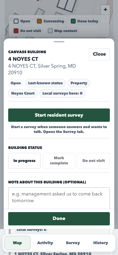 current PWA selected building panel with note textarea visible