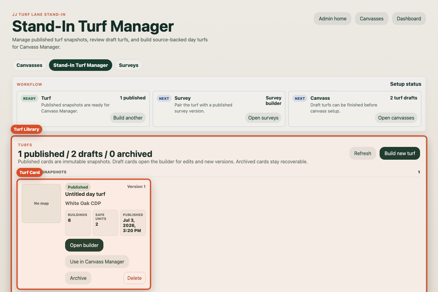 Annotated screenshot showing the Turf Library and a turf card.