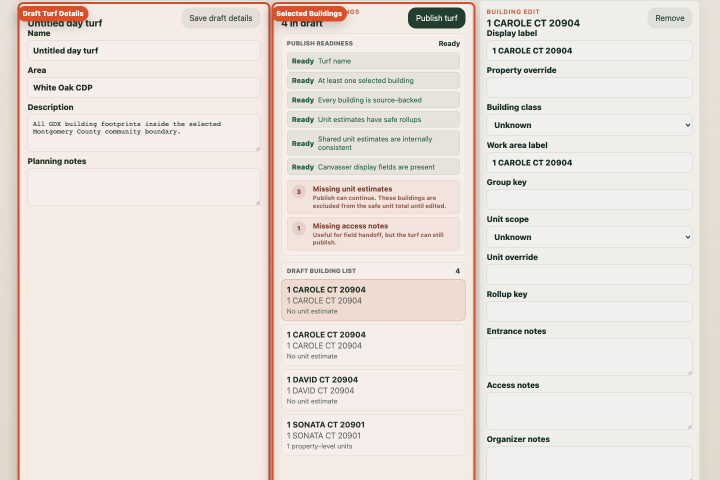 Annotated screenshot showing draft turf details and selected buildings.