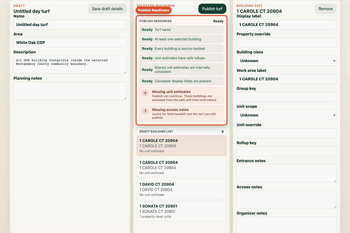 Annotated screenshot showing publish readiness and the publish turf button.