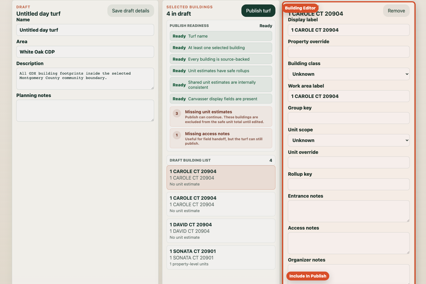 Annotated screenshot showing the building editor and include in publish control.