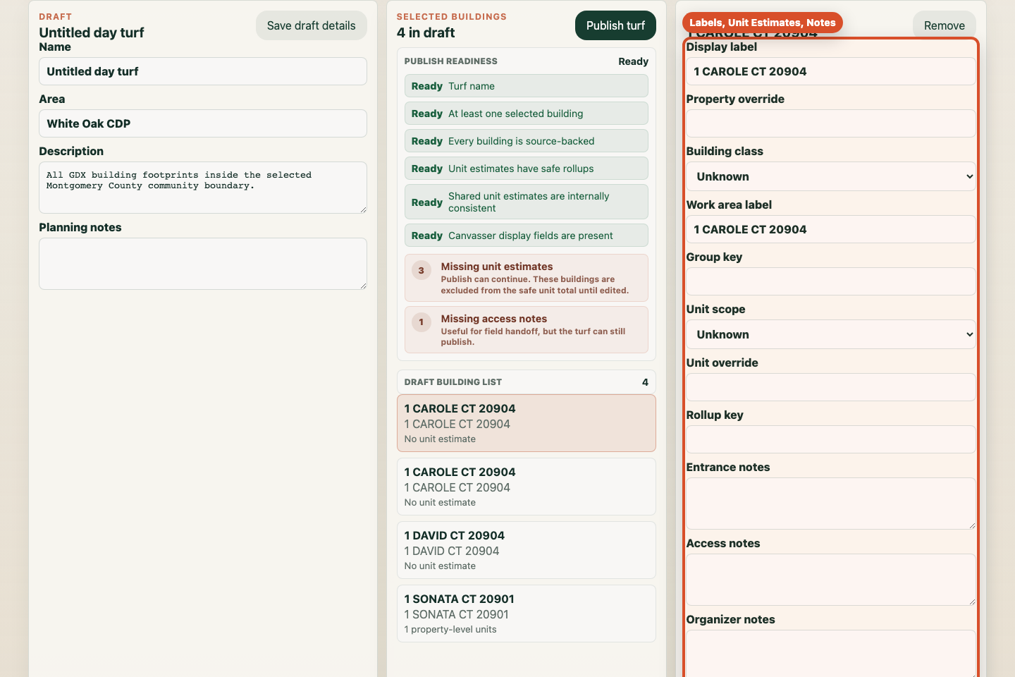 Annotated screenshot showing labels, unit estimate fields, and notes fields.