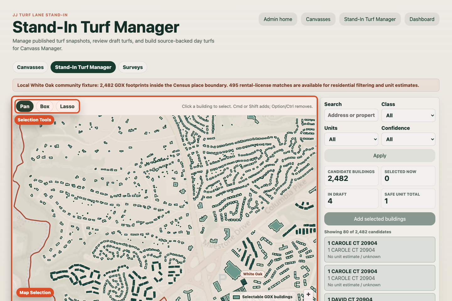 Annotated screenshot showing the map selection area and selection tools.