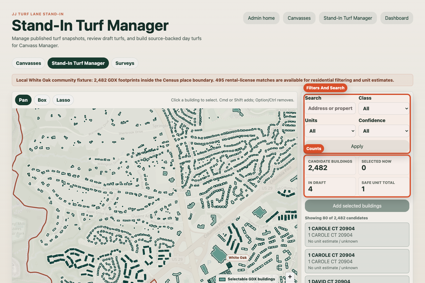 Annotated screenshot showing source buildings, filters, search, and counts.