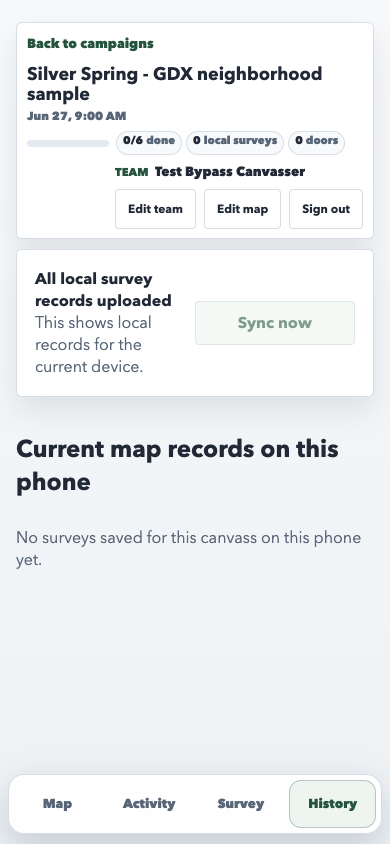 current PWA History tab showing local upload status and current device records