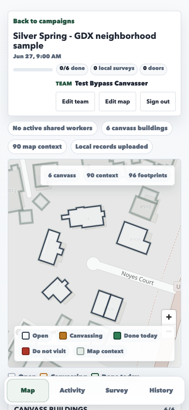 current PWA map with status chips and building list below the map