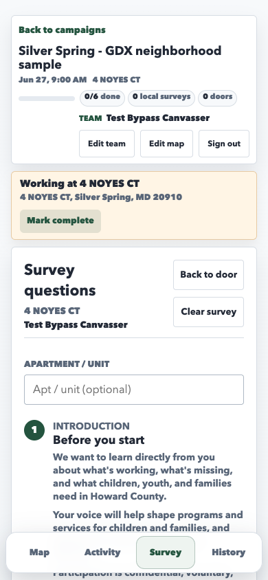 current PWA resident survey form with canvass context and full question list