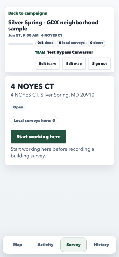 current PWA Survey tab asking the canvasser to start working at a selected building