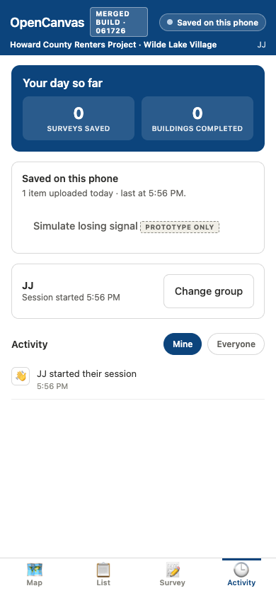 v5 Activity tab showing day stats, saved-on-phone sync status, and feed filters