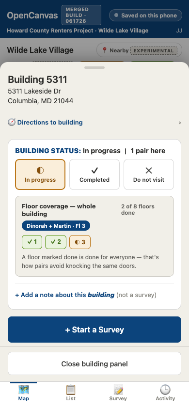 v5 building panel with bottom tabs Map, List, Survey, and Activity