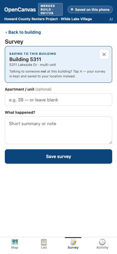 v5 building-linked survey with context card and unlink control
