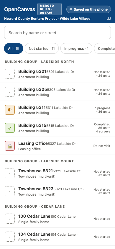 v5 List tab with search, filters, Nearby first, and grouped building rows