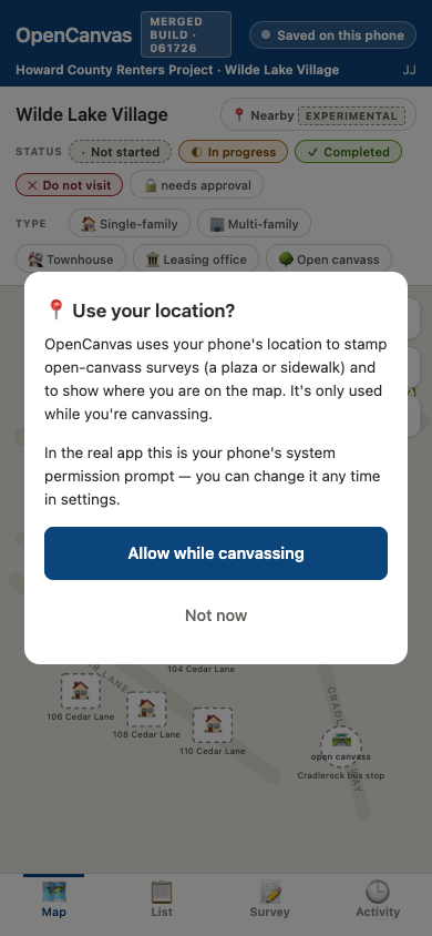v5 custom location prompt over the map