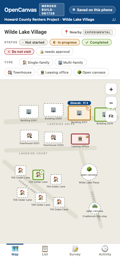 v5 map with compact app banner, save status, and session label