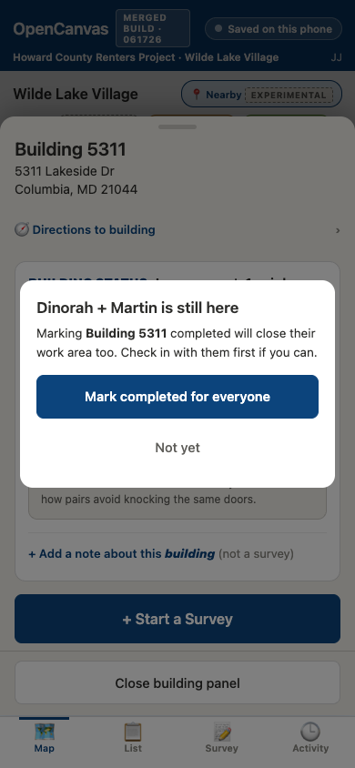 v5 confirmation modal before completing a building while another pair is active
