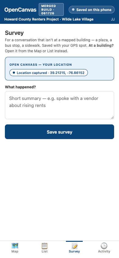 v5 Survey tab showing a location survey ready to fill